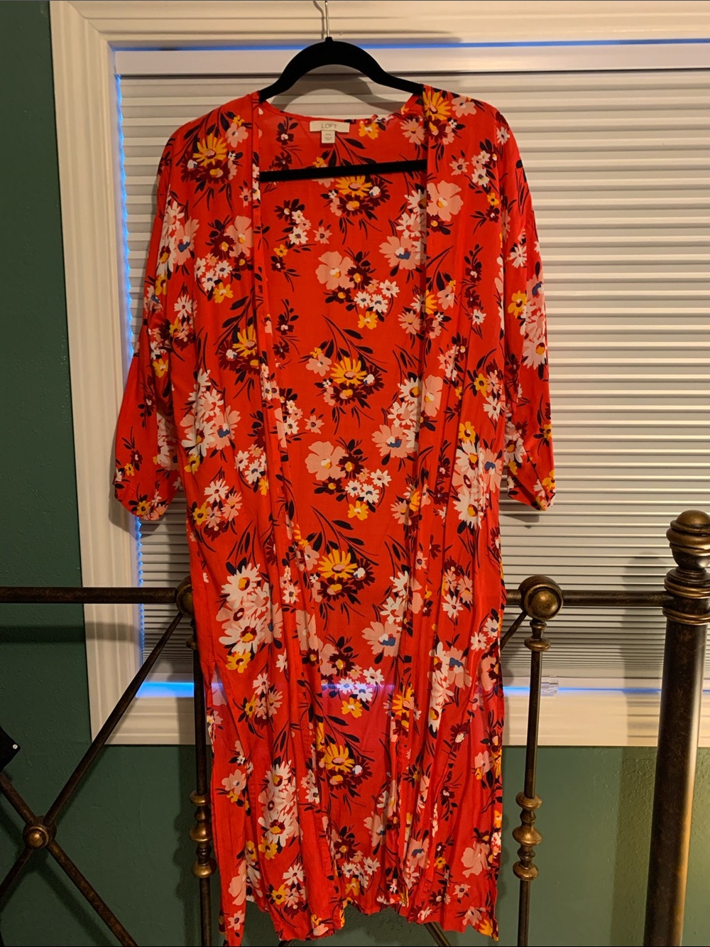LOFT Red Floral Long Sleeve Open Cardigan
